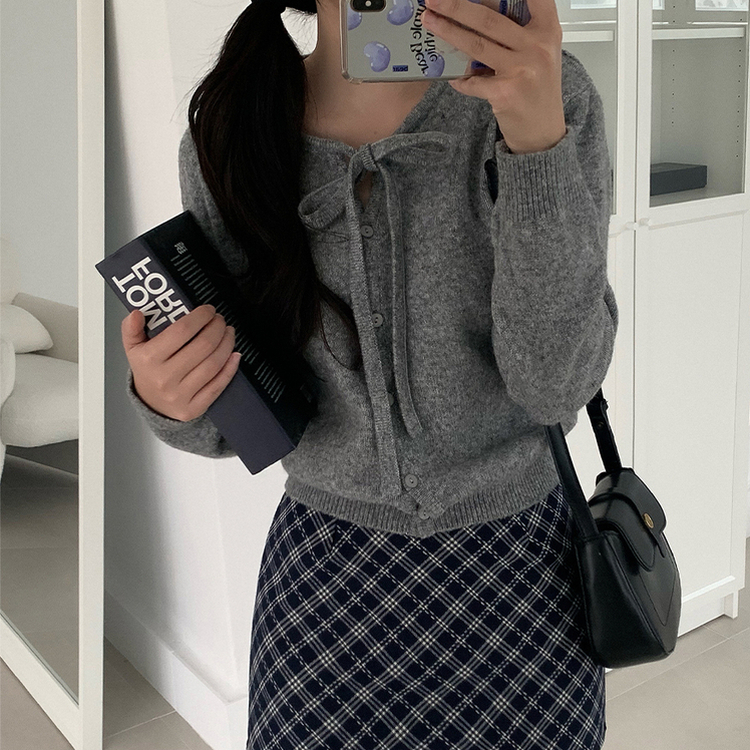 ニットリボンラウンドカーディガン GREY