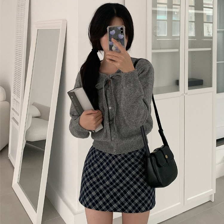 ニットリボンラウンドカーディガン GREY