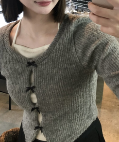 샤샤 리본 일체형 레이어드 니트 그레이