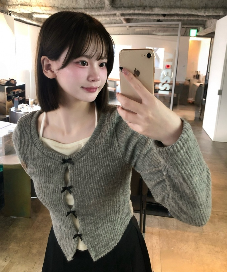 샤샤 리본 일체형 레이어드 니트 그레이