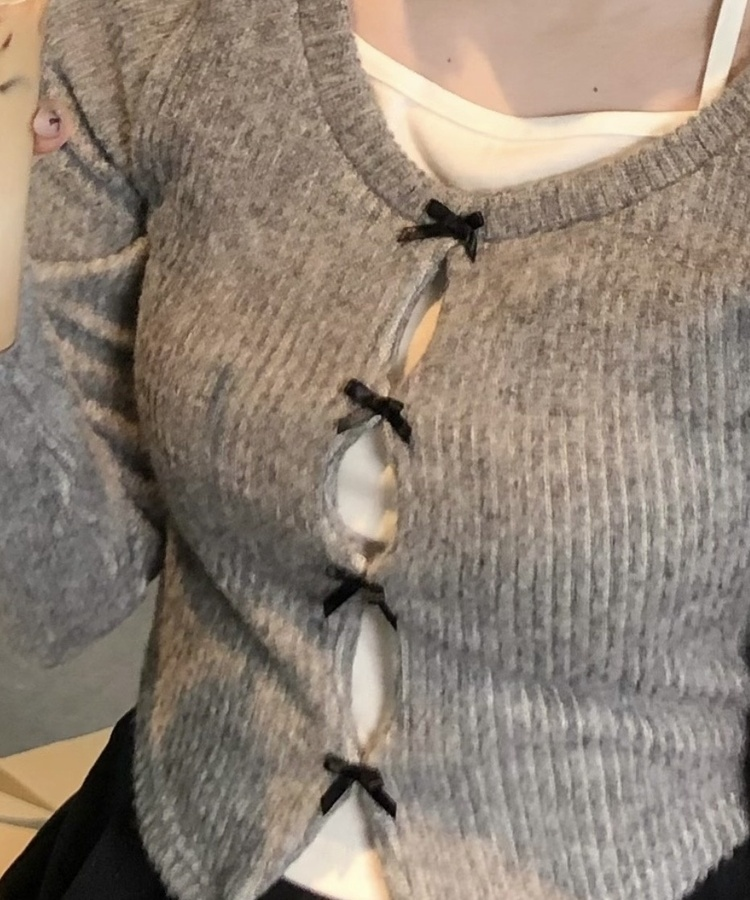 샤샤 리본 일체형 레이어드 니트 그레이