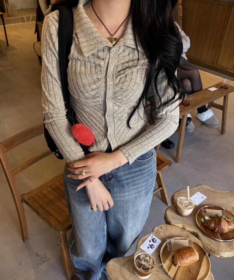 골지 셔링 긴팔티셔츠 베이지