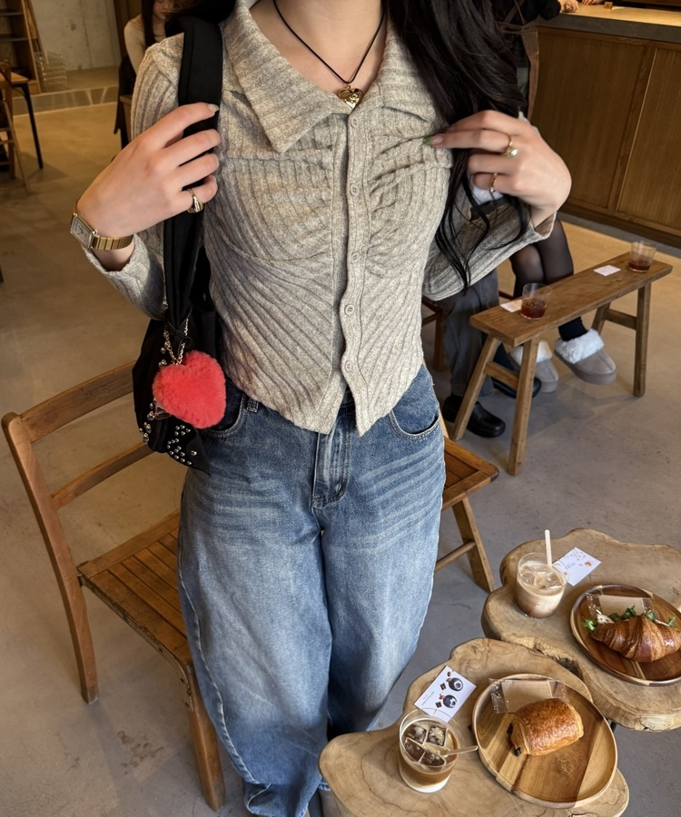 골지 셔링 긴팔티셔츠 베이지