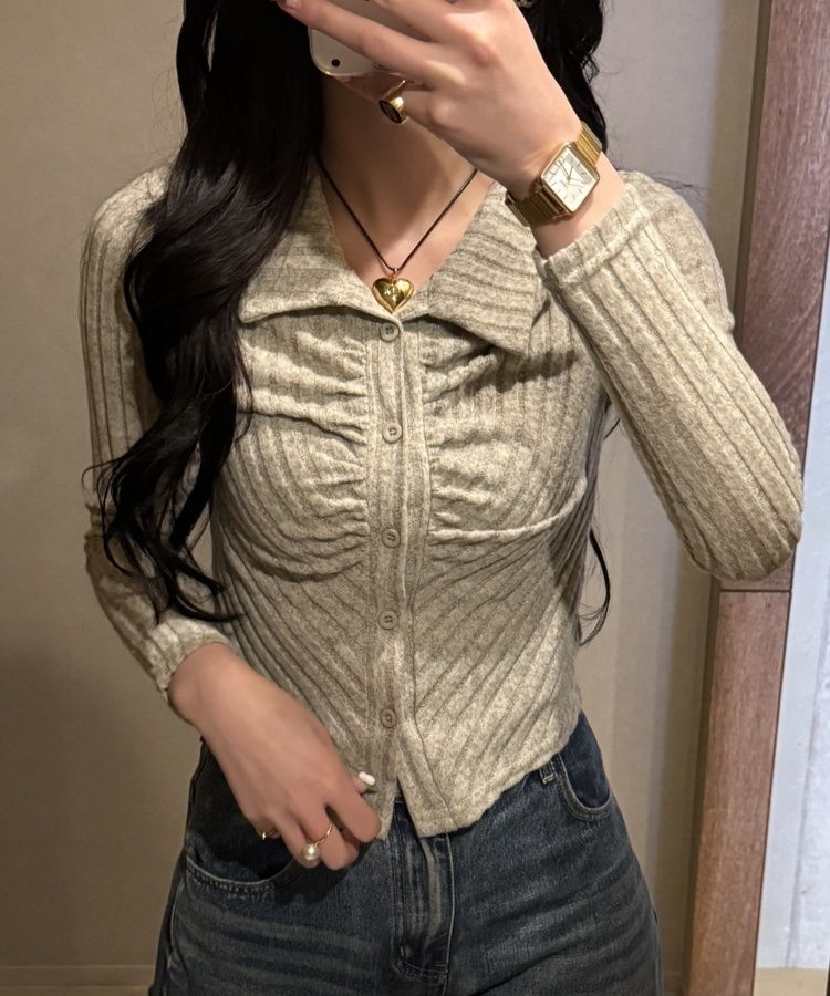 골지 셔링 긴팔티셔츠 베이지