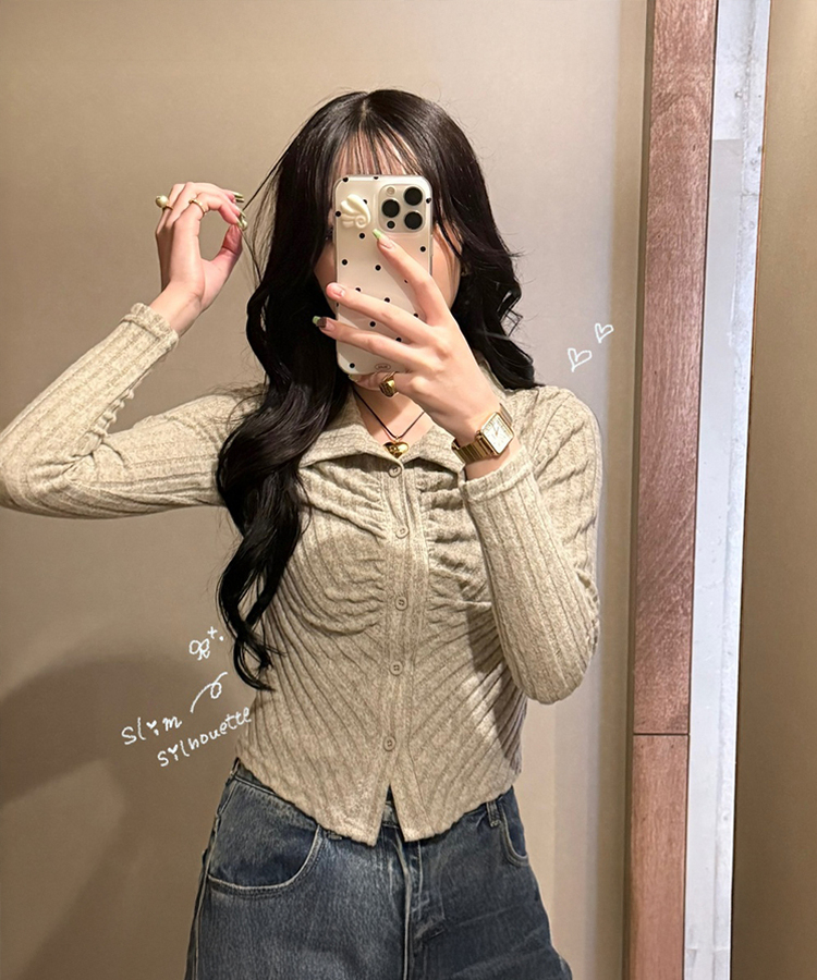 골지 셔링 긴팔티셔츠 베이지