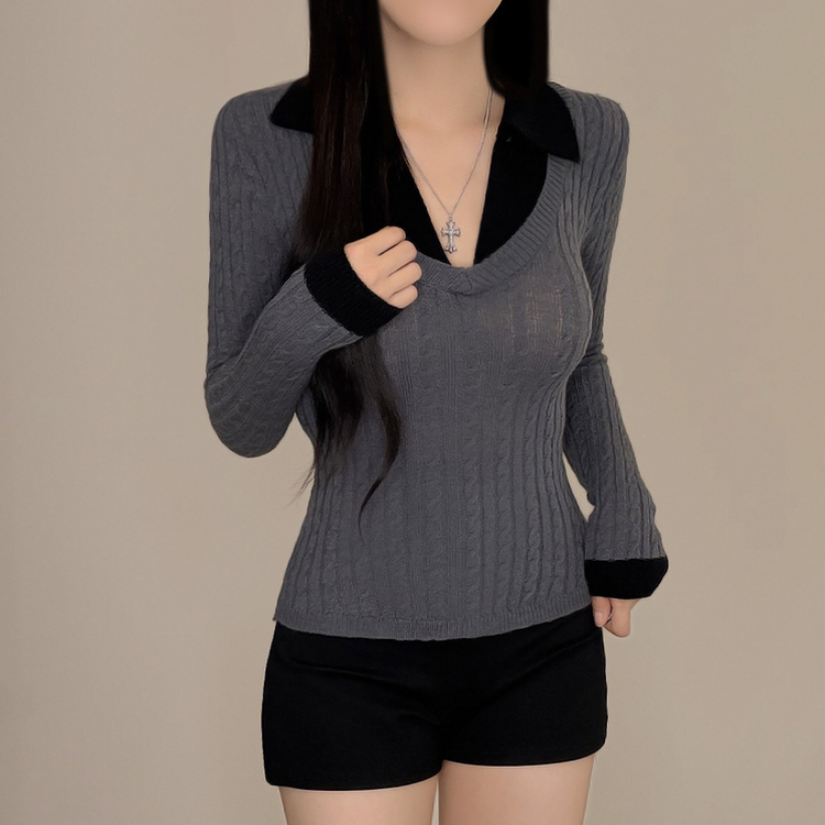 Uネックケーブルスリムニット GREY