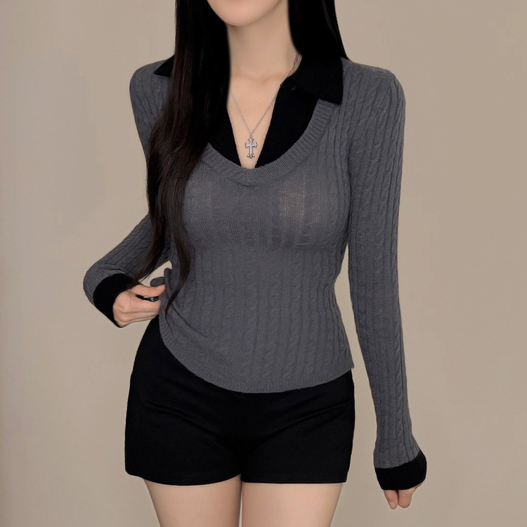 Uネックケーブルスリムニット GREY