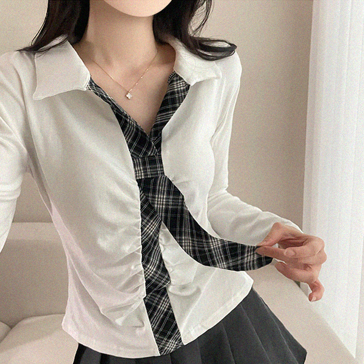 【タイ付き】チェックバイカラーシャーリング長袖シャツ IVORY