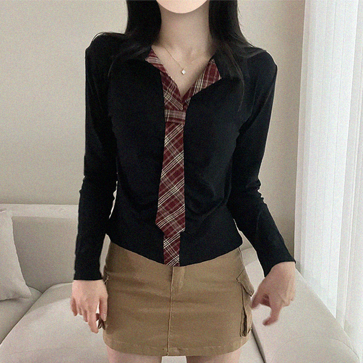 【タイ付き】チェックバイカラーシャーリング長袖シャツ BLACK