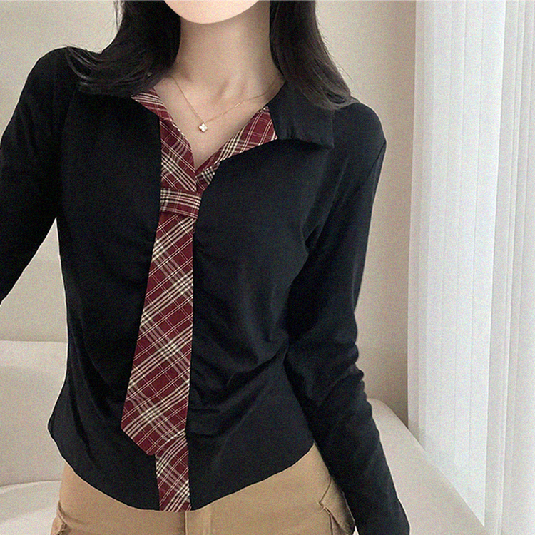 【タイ付き】チェックバイカラーシャーリング長袖シャツ BLACK