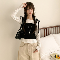 【SET】リボンビスチェ ドットラウンド長袖Tシャツ IVORY