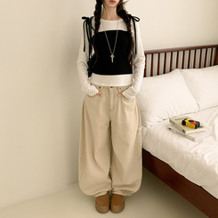 【SET】リボンビスチェ ドットラウンド長袖Tシャツ IVORY