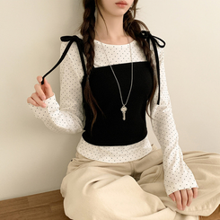 【SET】リボンビスチェ ドットラウンド長袖Tシャツ IVORY