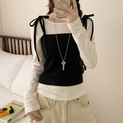 【SET】リボンビスチェ ドットラウンド長袖Tシャツ IVORY