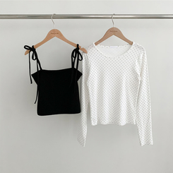 【SET】リボンビスチェ ドットラウンド長袖Tシャツ