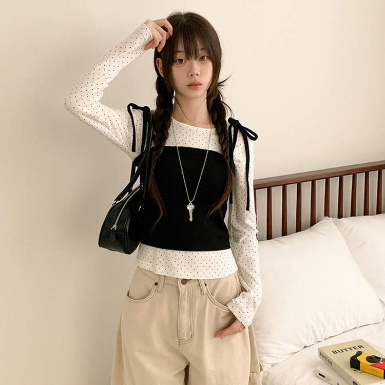 【SET】リボンビスチェ ドットラウンド長袖Tシャツ IVORY