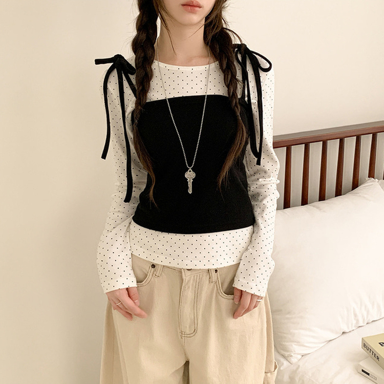 【SET】リボンビスチェ ドットラウンド長袖Tシャツ IVORY