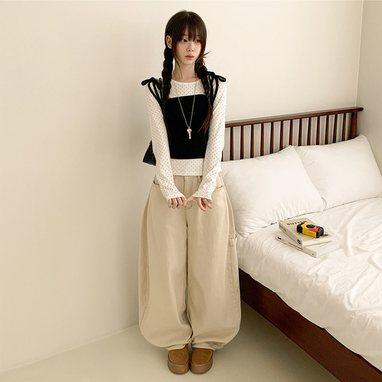 【SET】リボンビスチェ ドットラウンド長袖Tシャツ IVORY