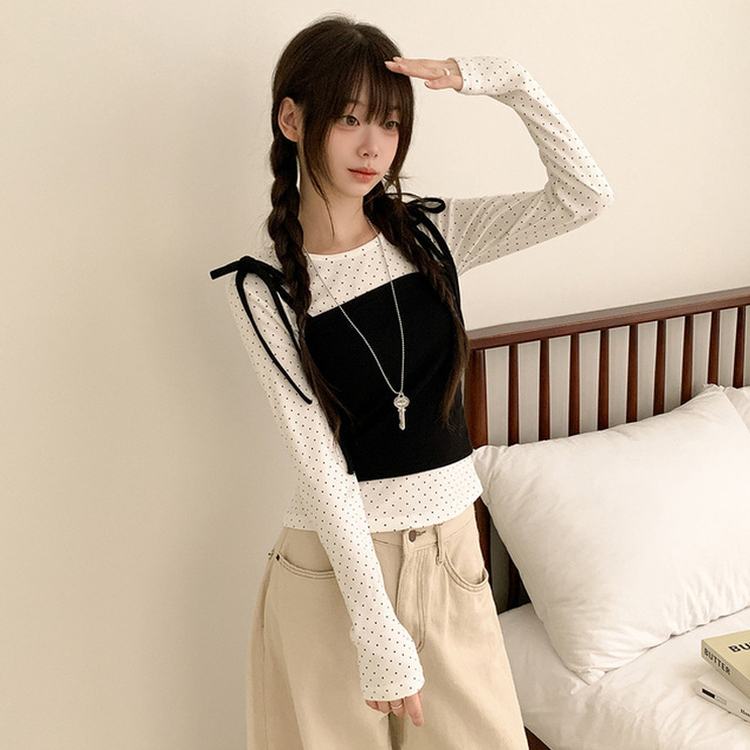 【SET】リボンビスチェ ドットラウンド長袖Tシャツ IVORY