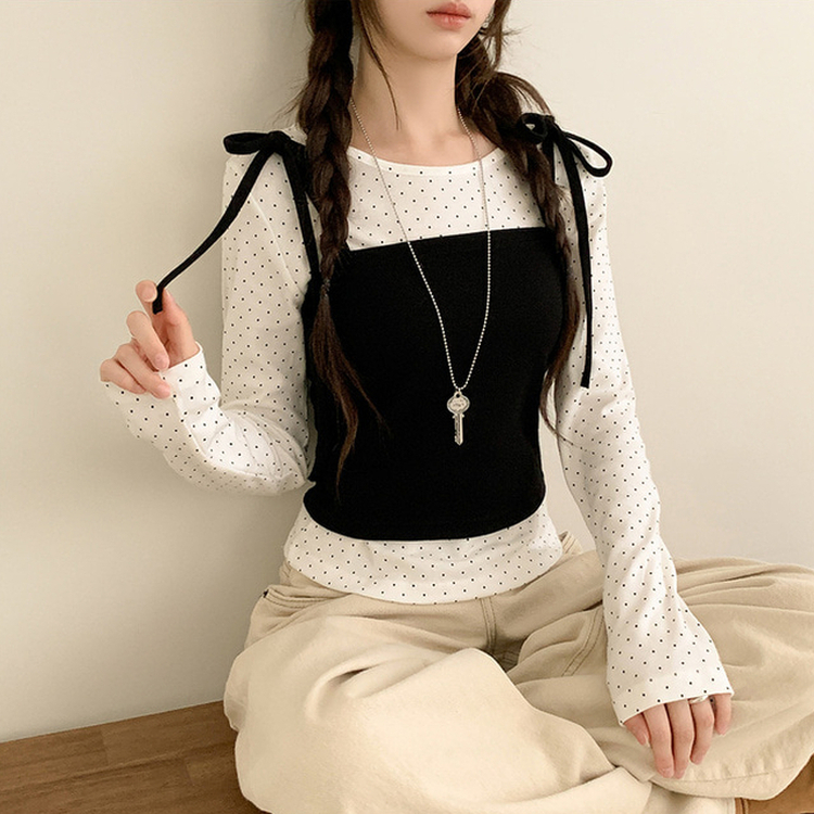 【SET】リボンビスチェ ドットラウンド長袖Tシャツ IVORY