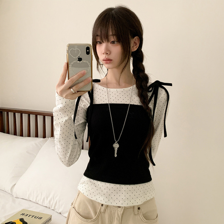 【SET】リボンビスチェ ドットラウンド長袖Tシャツ IVORY