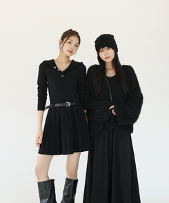 ベルト付き】プリーツニットフードワンピース｜ミニワンピース｜韓国