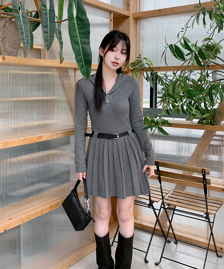 ベルト付き】プリーツニットフードワンピース｜ミニワンピース｜韓国