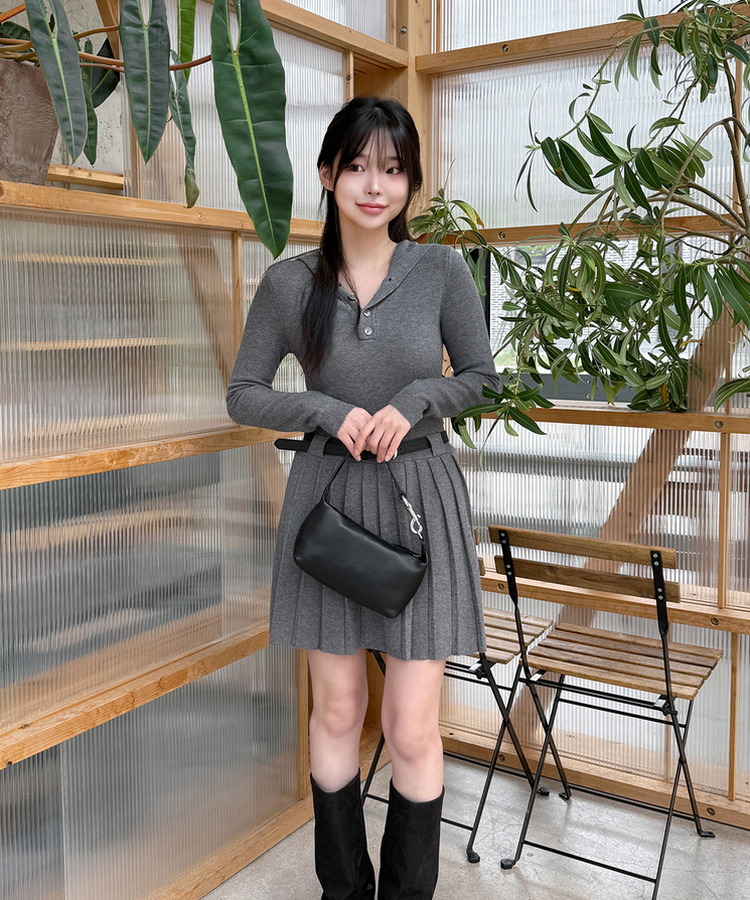 ベルト付き】プリーツニットフードワンピース｜ミニワンピース｜韓国