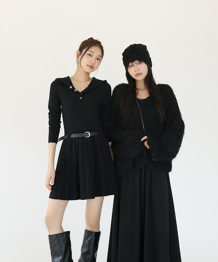 ベルト付き】プリーツニットフードワンピース｜ミニワンピース｜韓国