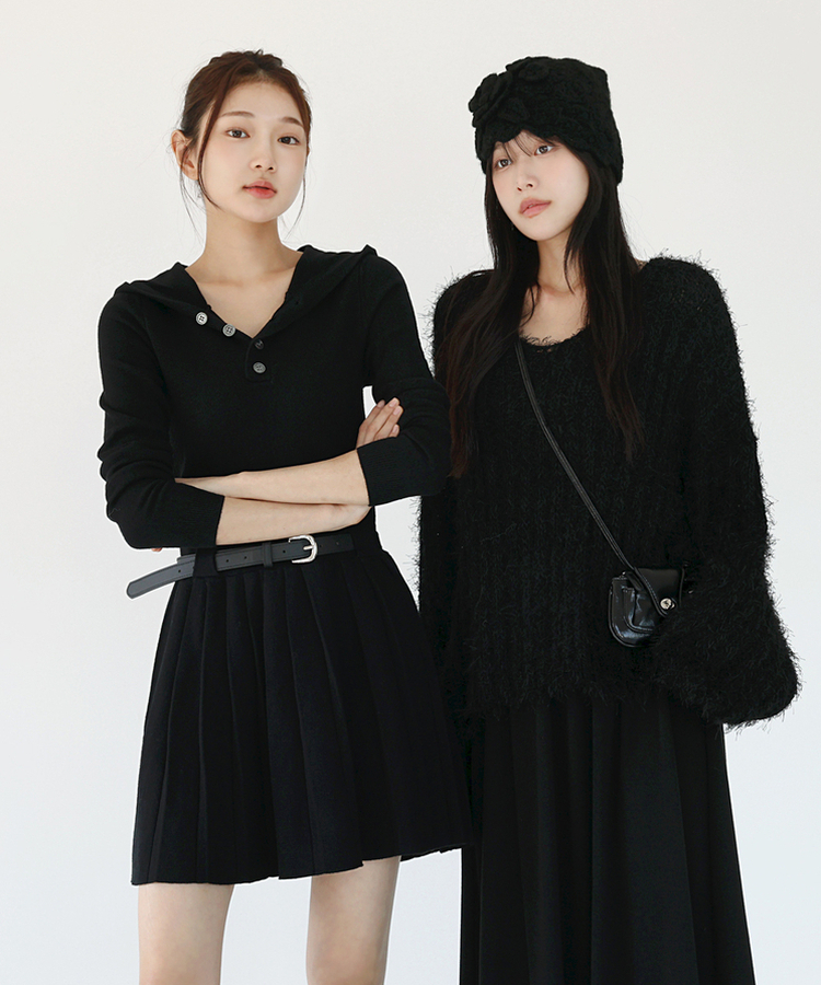 ベルト付き】プリーツニットフードワンピース｜ミニワンピース｜韓国