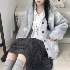 우드버튼 스타 키치 해비 아우터 포켓 카라 니트가디건 소라