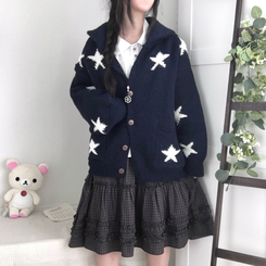 우드버튼 스타 키치 해비 아우터 포켓 카라 니트가디건 곤색