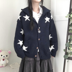 우드버튼 스타 키치 해비 아우터 포켓 카라 니트가디건 곤색