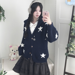 우드버튼 스타 키치 해비 아우터 포켓 카라 니트가디건 곤색