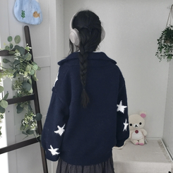 우드버튼 스타 키치 해비 아우터 포켓 카라 니트가디건 곤색