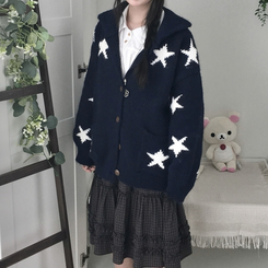 우드버튼 스타 키치 해비 아우터 포켓 카라 니트가디건 곤색