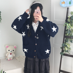 우드버튼 스타 키치 해비 아우터 포켓 카라 니트가디건 곤색