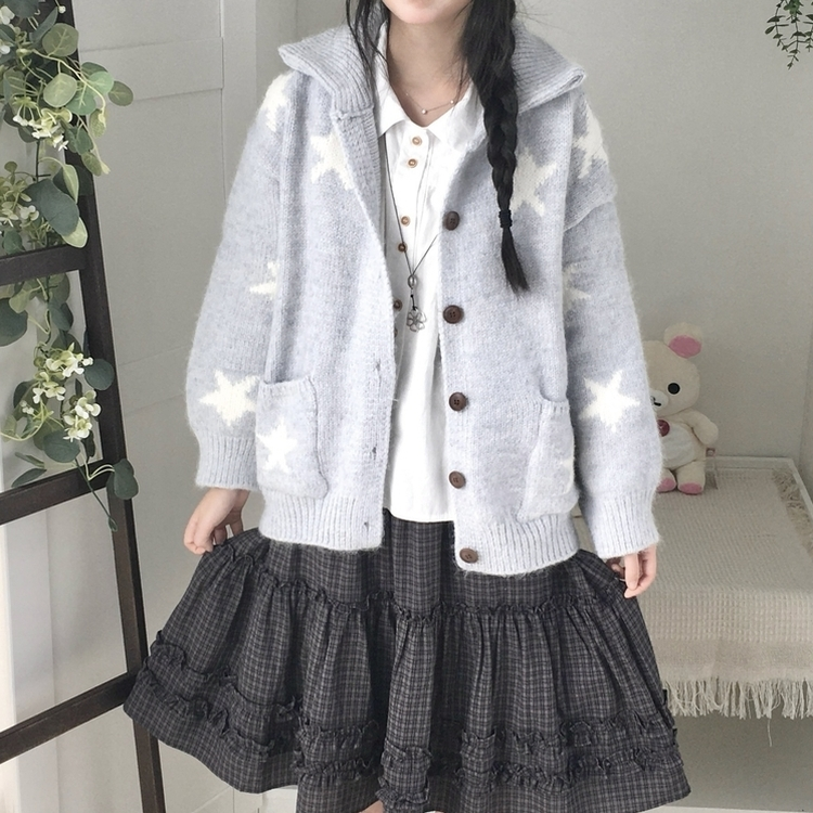 우드버튼 스타 키치 해비 아우터 포켓 카라 니트가디건 소라