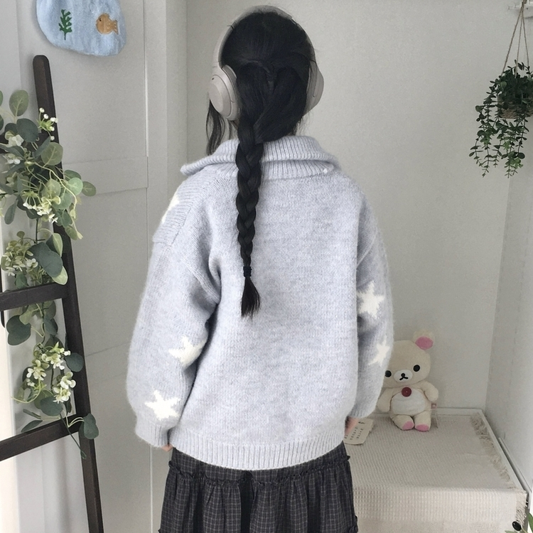 우드버튼 스타 키치 해비 아우터 포켓 카라 니트가디건 소라