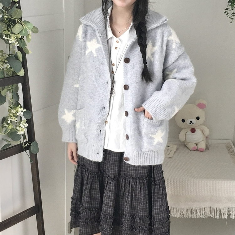 우드버튼 스타 키치 해비 아우터 포켓 카라 니트가디건 소라