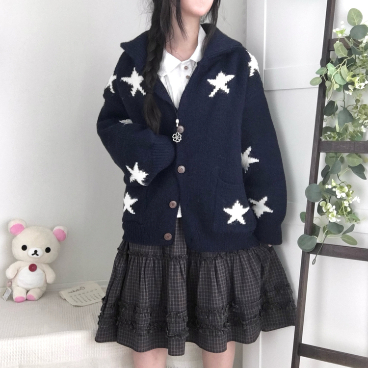 우드버튼 스타 키치 해비 아우터 포켓 카라 니트가디건 곤색