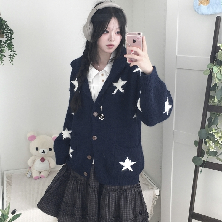 우드버튼 스타 키치 해비 아우터 포켓 카라 니트가디건 곤색