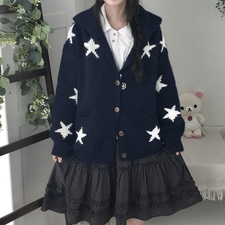 우드버튼 스타 키치 해비 아우터 포켓 카라 니트가디건 곤색