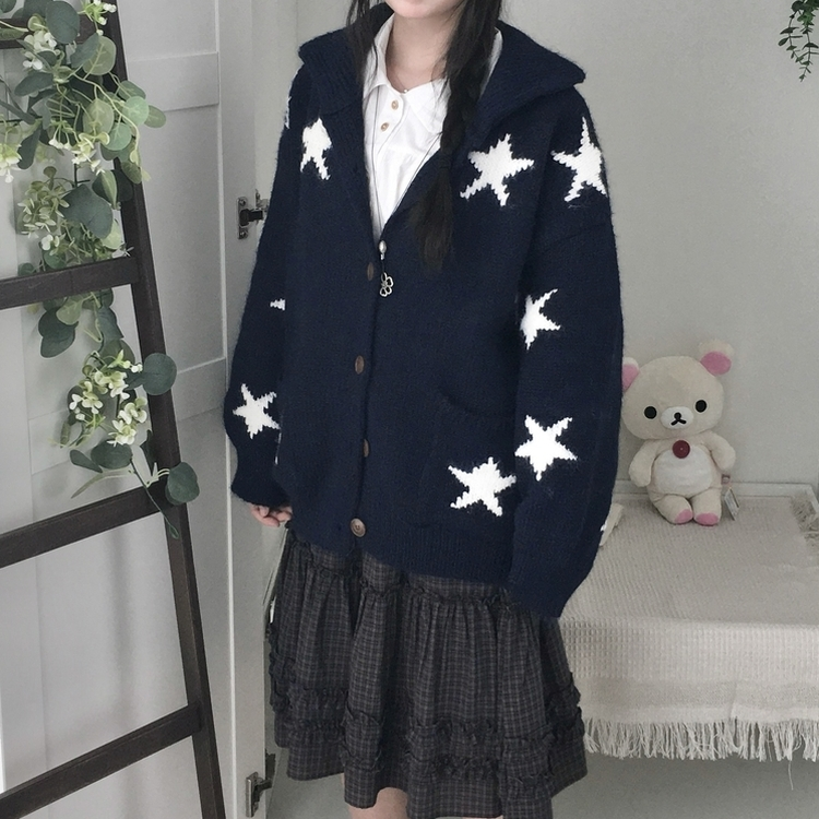 우드버튼 스타 키치 해비 아우터 포켓 카라 니트가디건 곤색