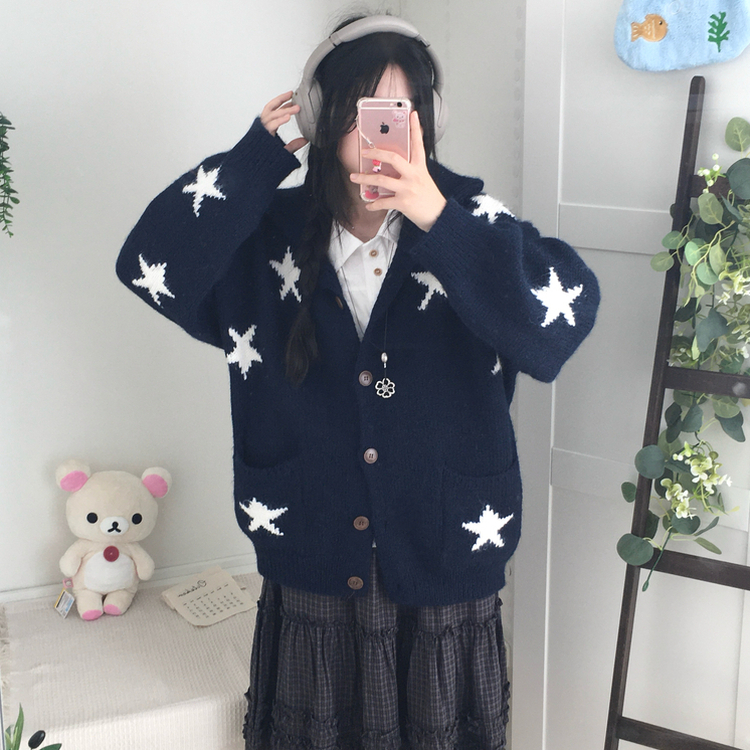 우드버튼 스타 키치 해비 아우터 포켓 카라 니트가디건 곤색