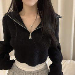 クロップハーフジップアップニット BLACK