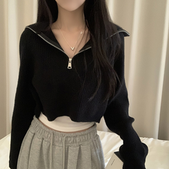 クロップハーフジップアップニット BLACK