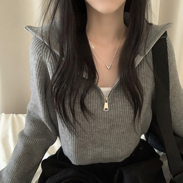 クロップハーフジップアップニット GREY