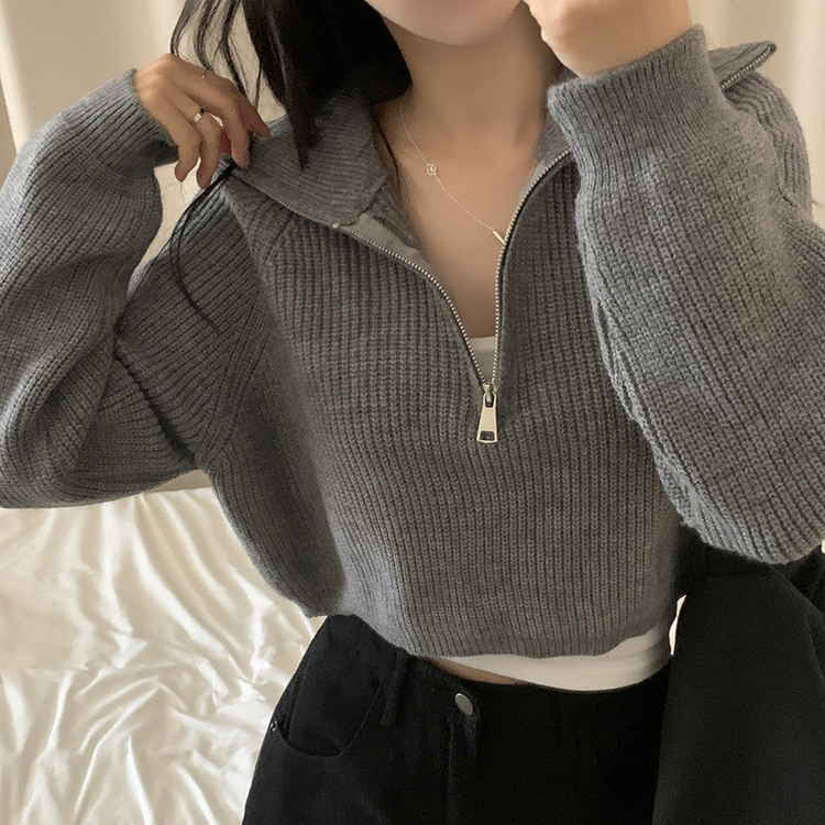 クロップハーフジップアップニット GREY