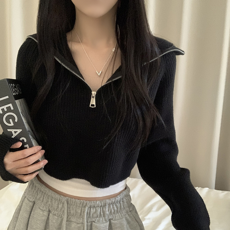 クロップハーフジップアップニット BLACK